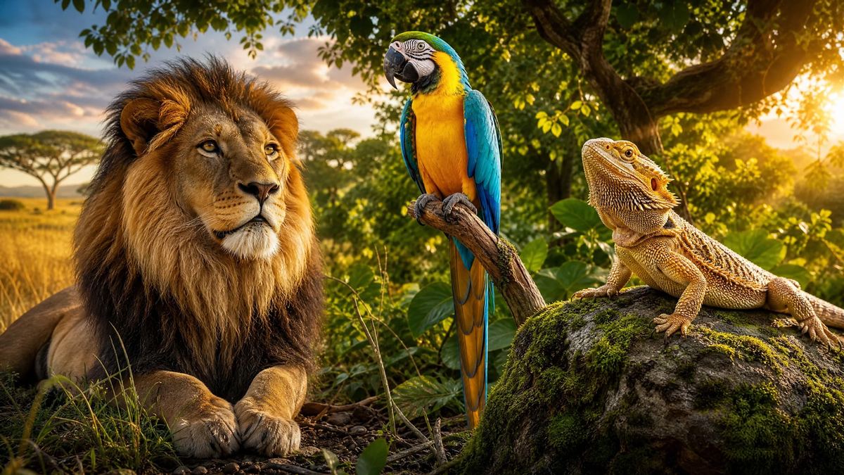 Majestic lion, colorful macaw, and bearded dragon in nature