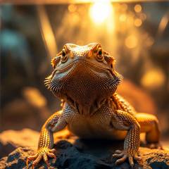 Dex the bearded dragon basking regally under his terrarium light